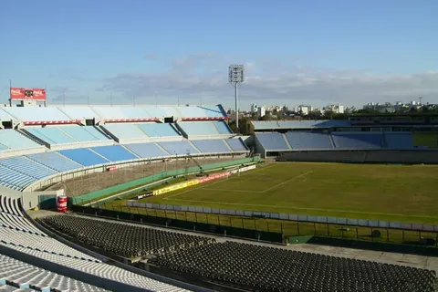 The stands and pitch of the Estadio Centenario seen from the upper tier.
